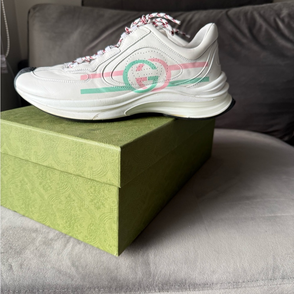 Gucci White Leather Sneaker with Pink & Mint Stripe